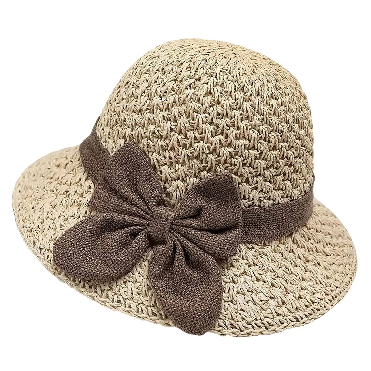 Women Foldable Wide Brim Straw Sun Hat With Bowknot Beach Bucket Cap