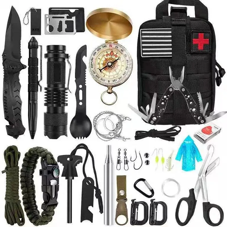 21 in 1 Survival Gear Tactical First Aid Camping Equipment Supplies Kits - Black