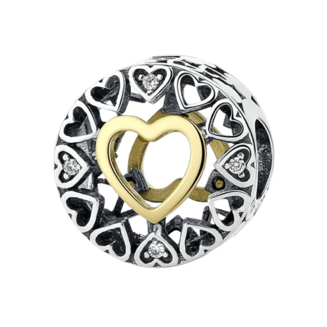 Two-Tone Openwork Floating Heart 925 Sterling Silver Charm