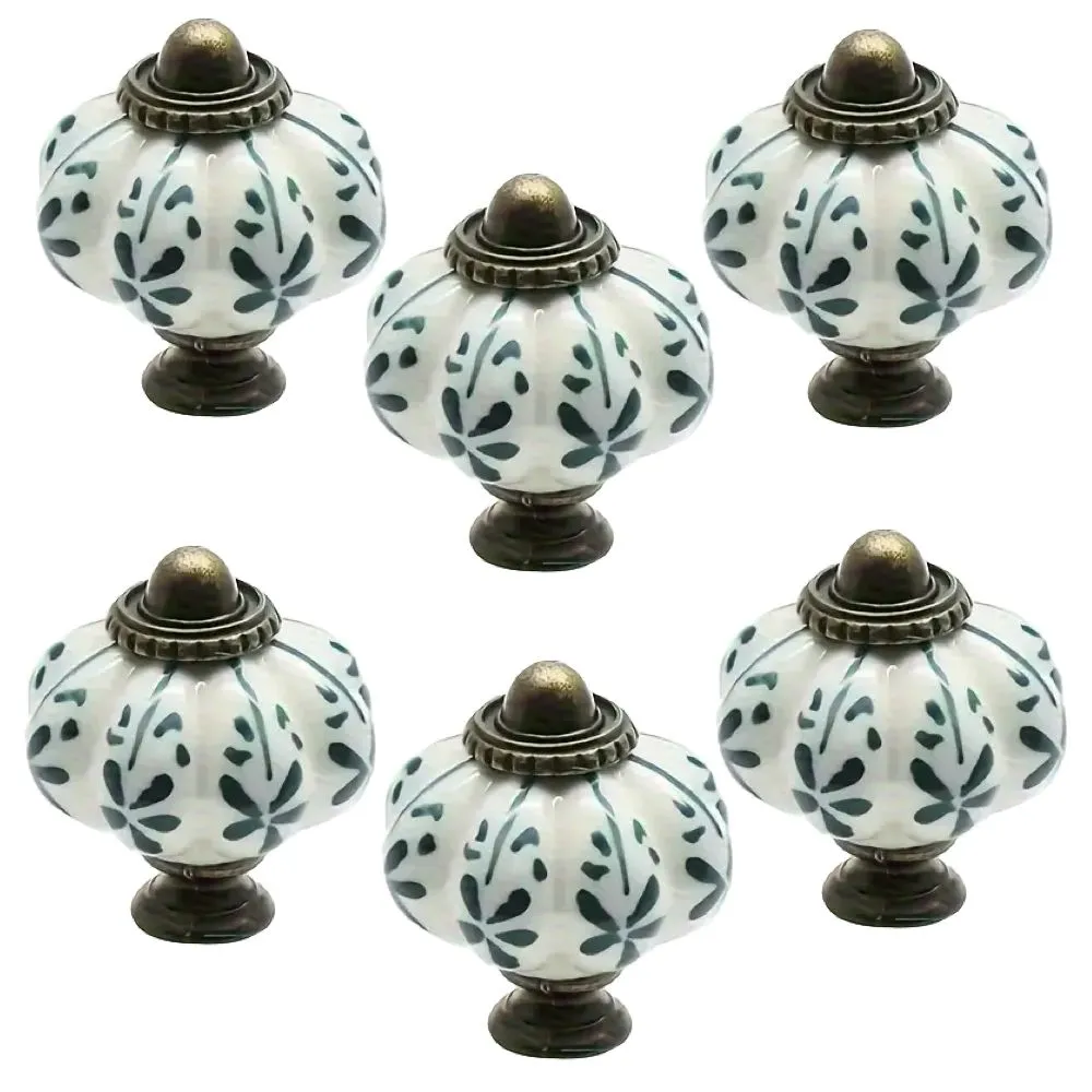 Decor Hand Painted Ceramic Cabinet Doorknobs With Leaf Pattern - 6 Piece