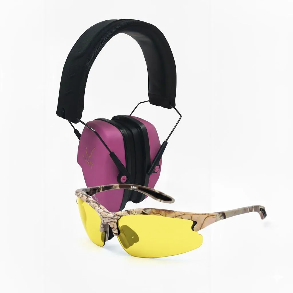 KuVut Safety Gear Combo - Pink Earmuffs + Shooting Glasses - Yellow
