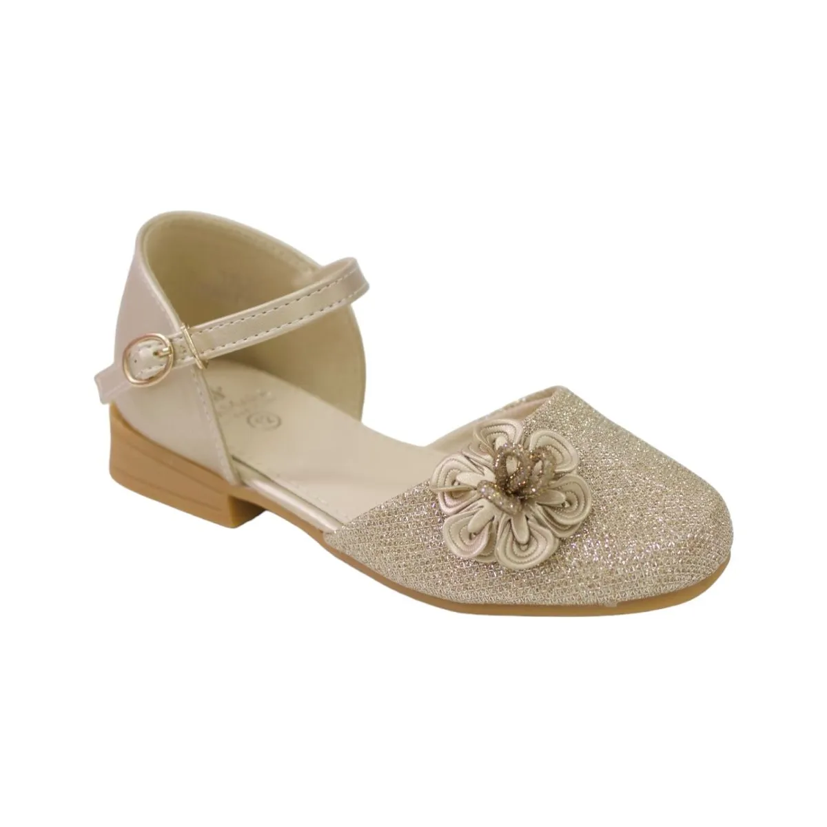 Lamara Paris Isla Girls Bridal Shoe With Flower In Shimmer Champagne Gold