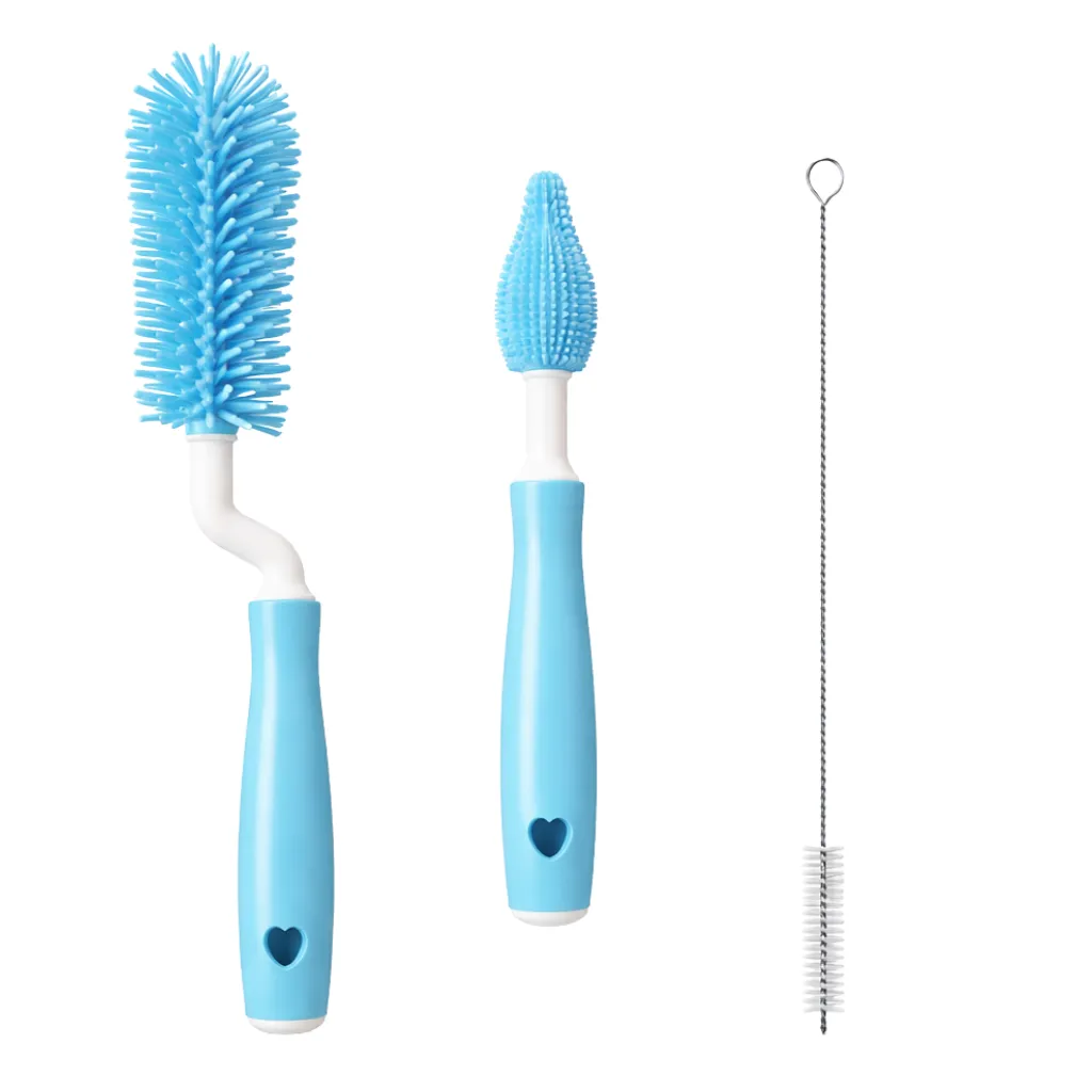 3 Piece - Silicone Baby Bottle Cleaning Brush Kit - Blue