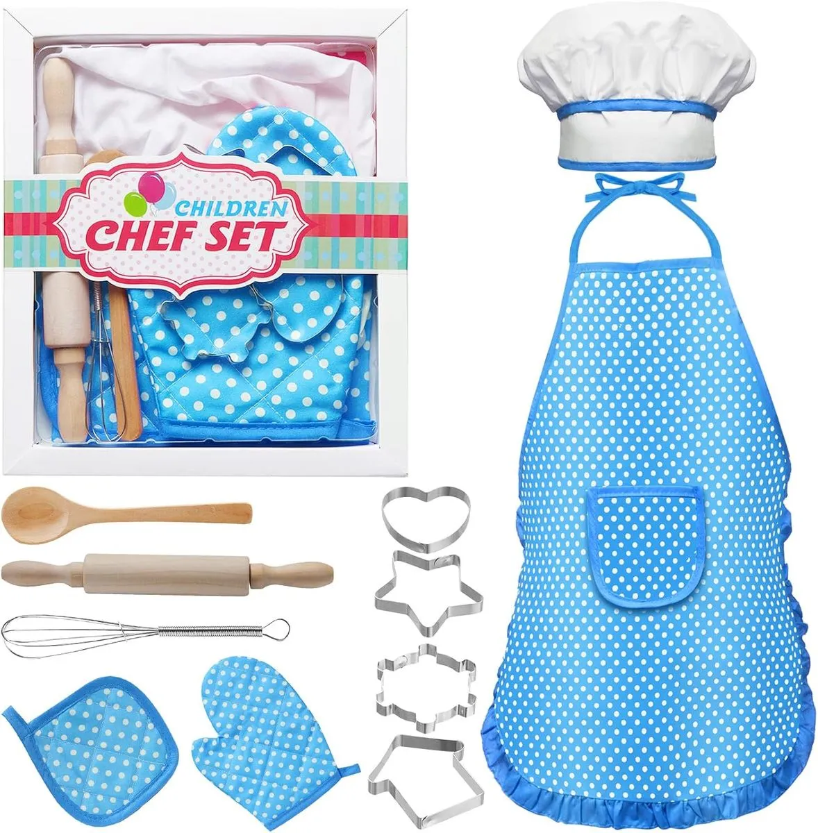 11 Piece Kids Kitchen Supplies Toy Set Family Cooking Baking Tool Apron - Blue