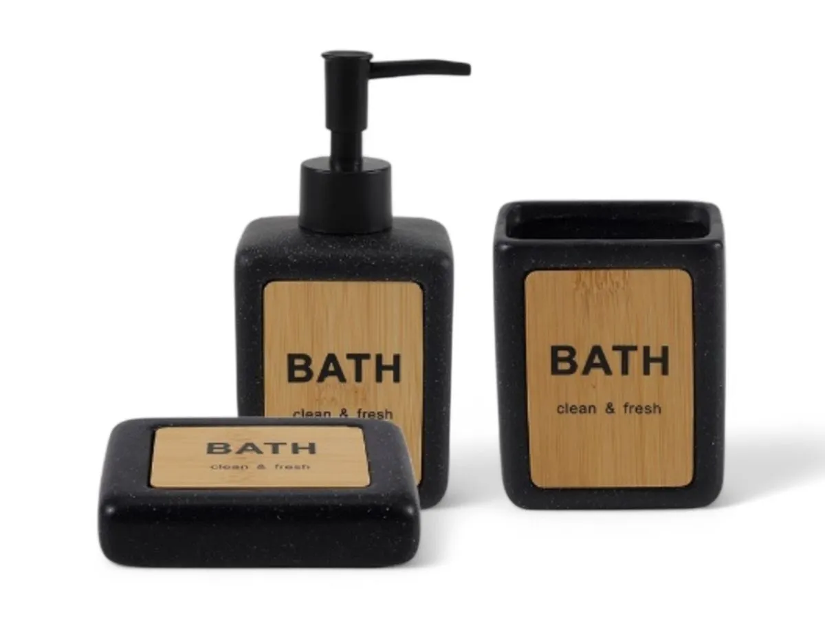 3 Piece Ceramic Wooden Black Bathroom Accessories Set