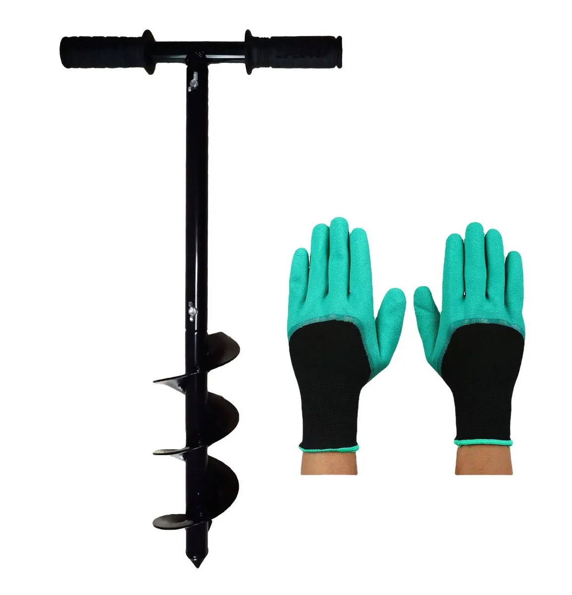 Hand Garden Planting Tool Auger Drill Bit, 10x60cm Black + Clawless Gloves