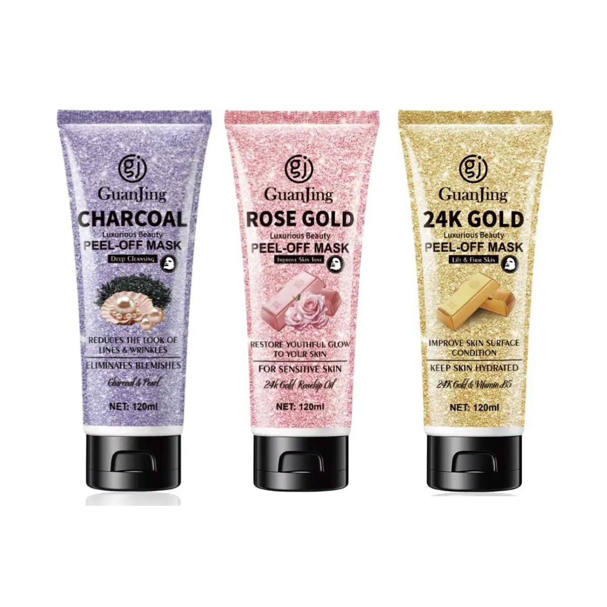 3x Guanjing Luxurious Beauty Peel-Off Mask, Charcoal, Rose Gold, 24K Gold