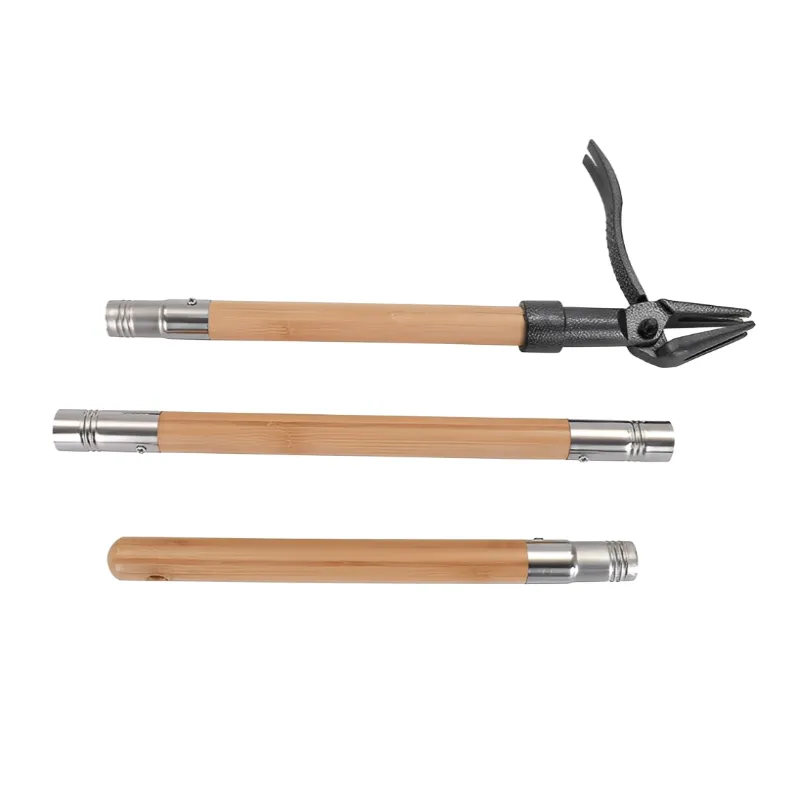 Standing Weeding Tool With A Bamboo Handle And A 4-Prong Steel head