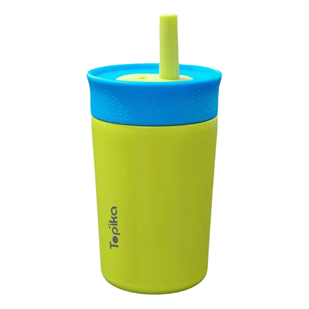 Topika-350ml Kids Stainless Steel Water Bottle + Spill-Resistant Straw - Green