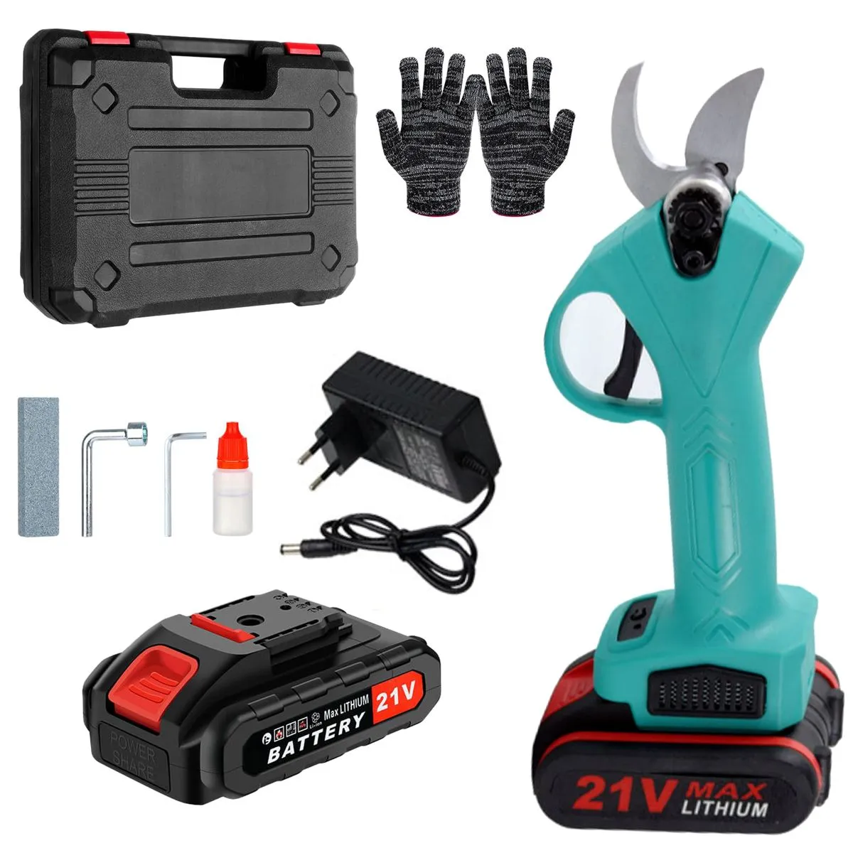 Green 21V Cordless Electric Pruning Shears with Gloves, 2 Batteries & Case