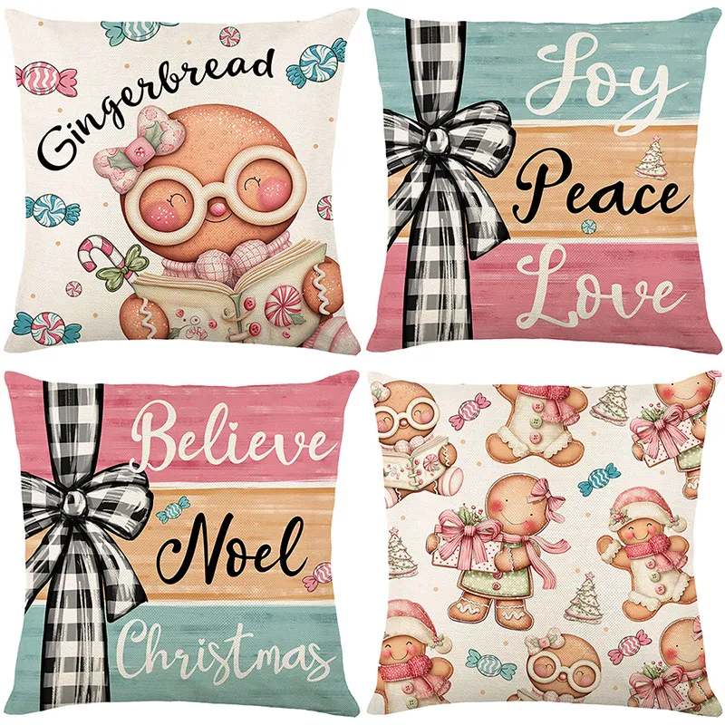 4 Pack Christmas Gingerbread Throw Pillow Covers, 45×45cm, Linen-Like,