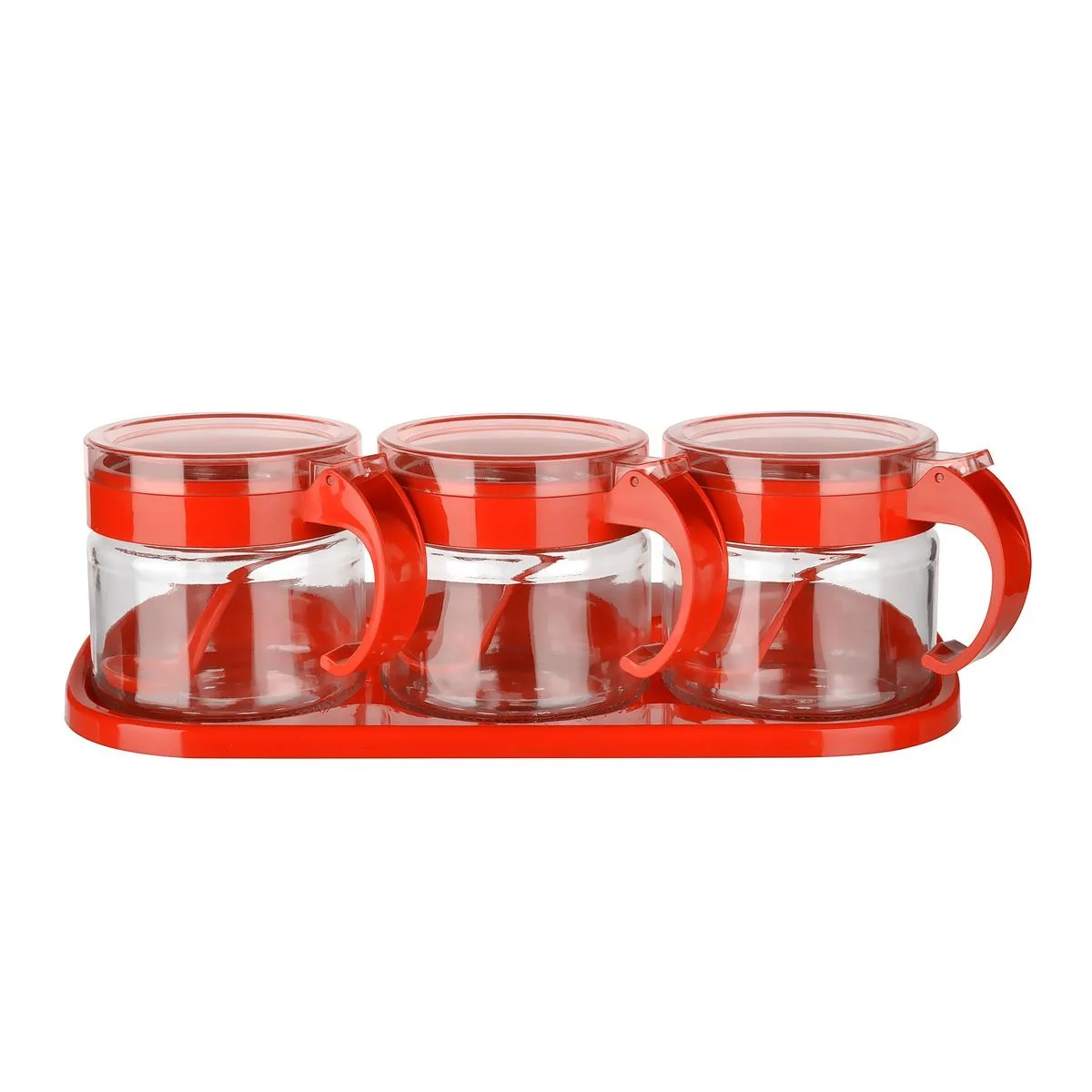 Titiz - Lily Glass Spice Jar Set + Spoons on a Tray - 300 ml each - KC-386 - Red