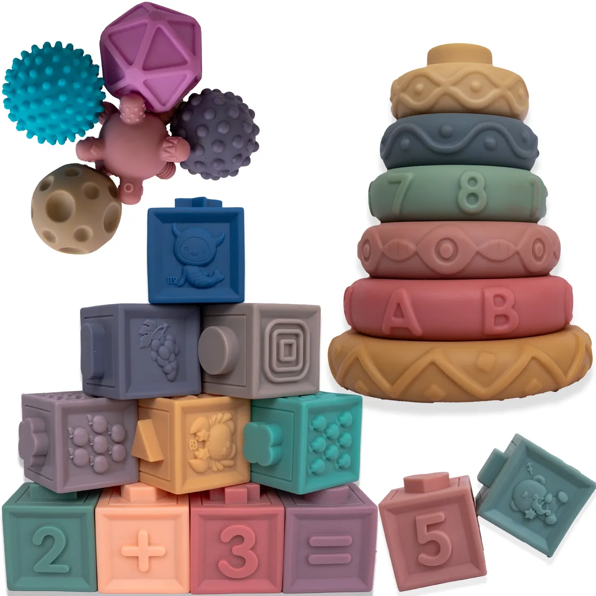 Soft Teething Toy, Stacking Building Blocks, Sensory Balls, 3 in1Montessori