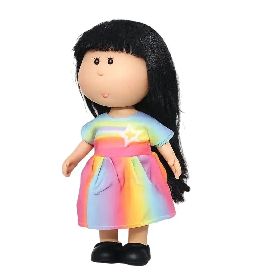 Soft Body Doll with Long Black Hair and Colourful Rainbow Dress