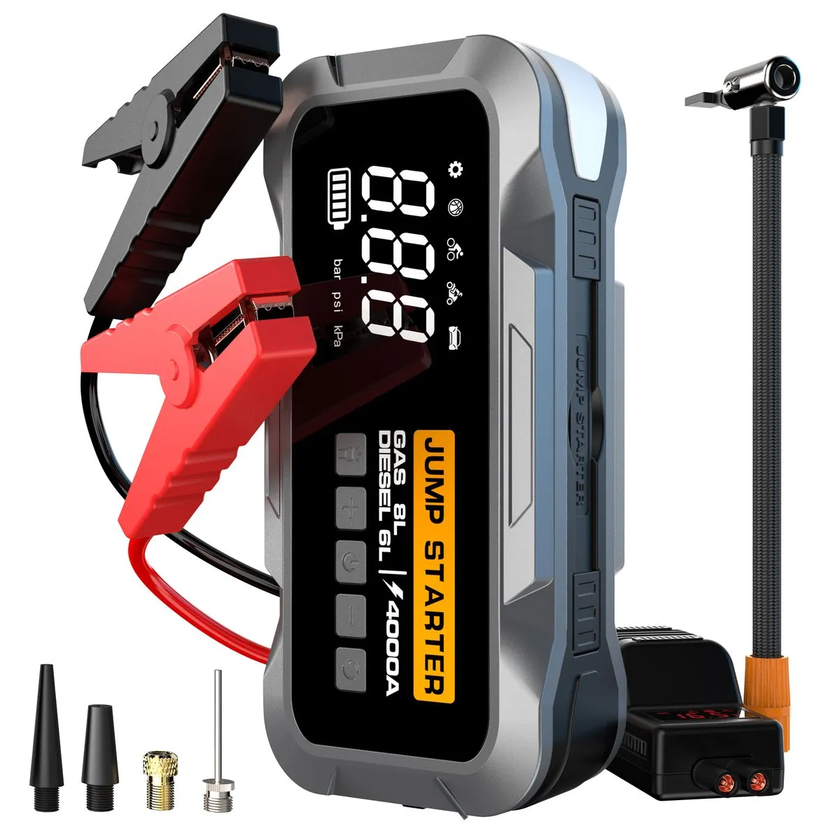 Smart 4-in-1 Car Jump Starter with Air Compressor, Power Bank & LED Light