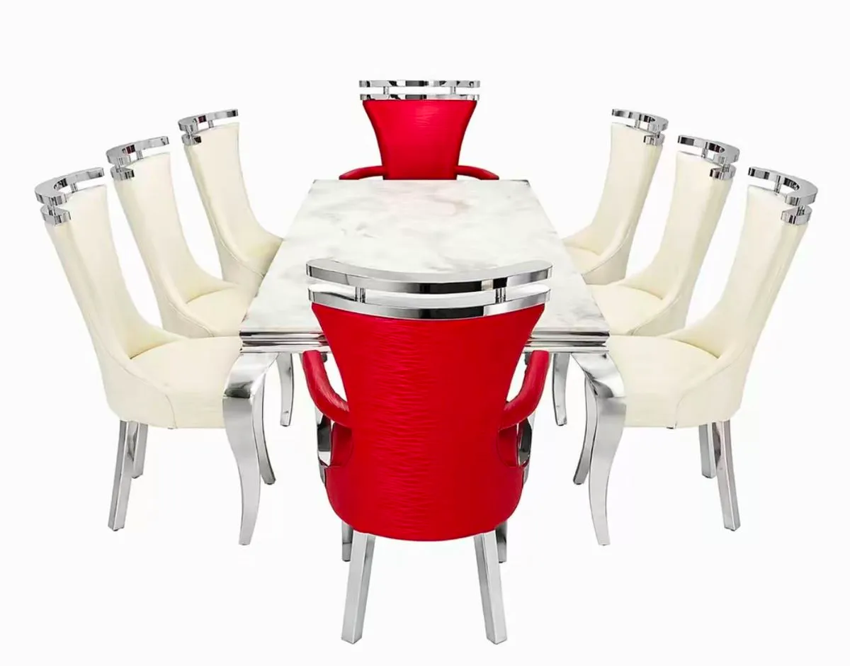 Anaya Luxury 8-Seater Marble Dining Table Set with Red Accent Chairs