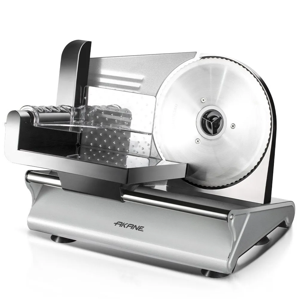 Adjustable thickness food slicer, capable of slicing meat and cheese.