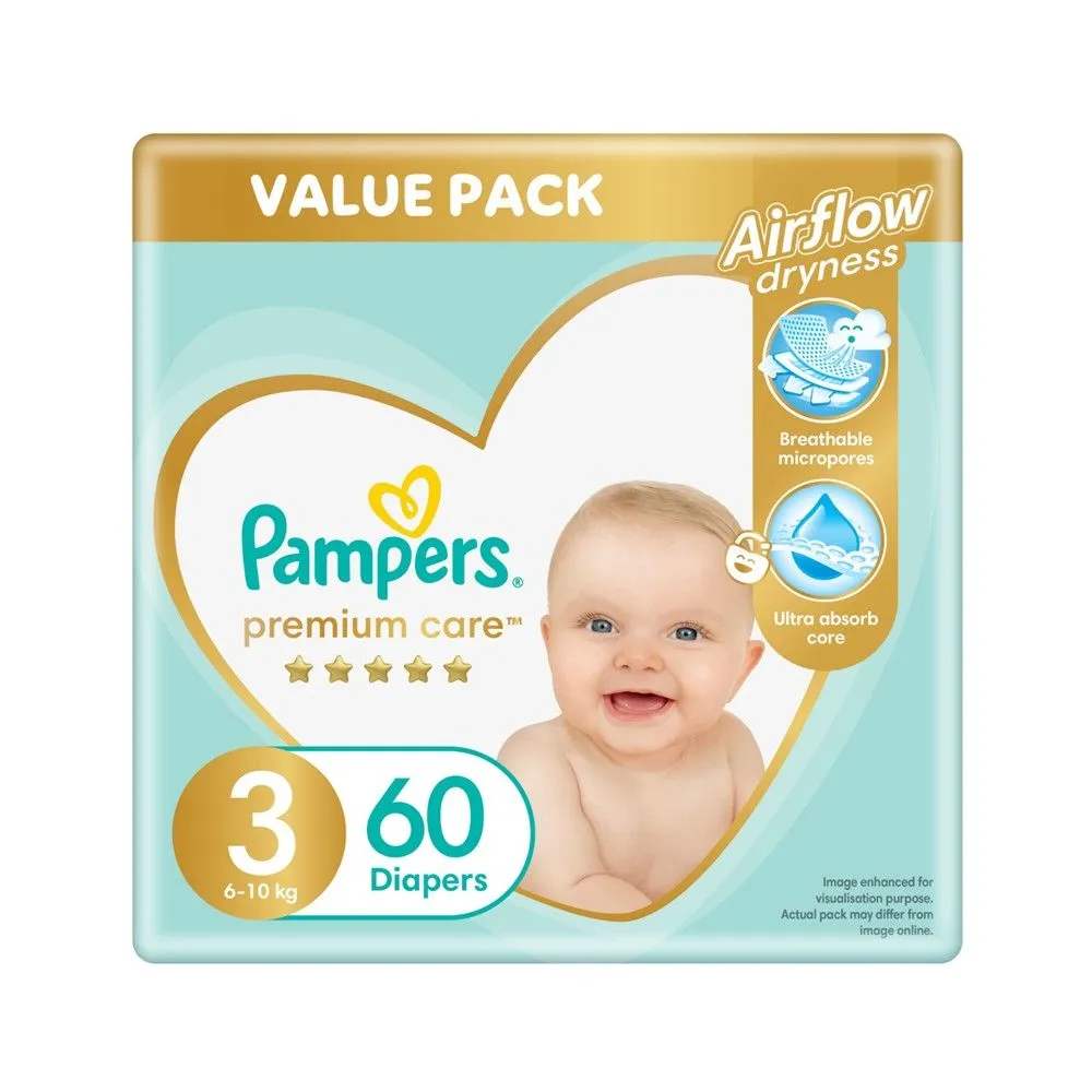 Pampers Premium Care Size 3 (6-11 kg) 60 Nappies, Airflow Skin Comfort