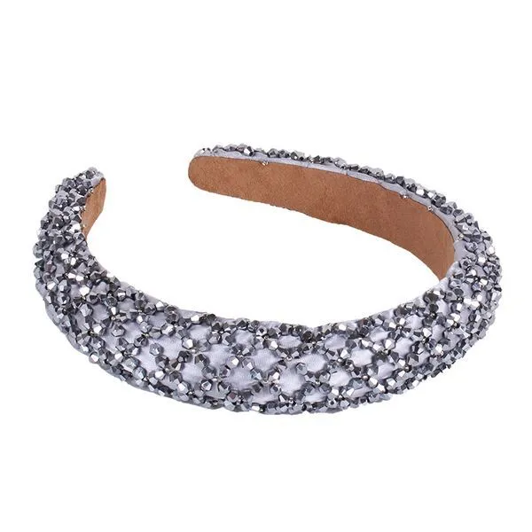 Silver Pressed Hair Beaded Thick Sponge Crystal Mesh Headband Natural Look