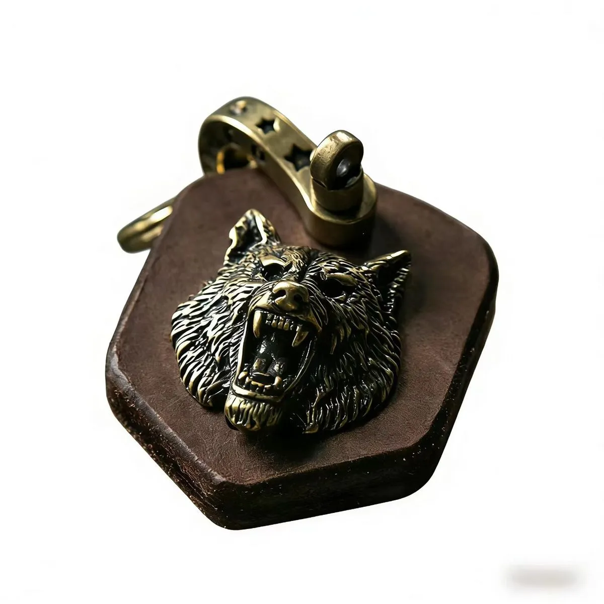 Vintage Brass Wolf Head Genuine Leather Keychain for Motorcycle & Car Keys