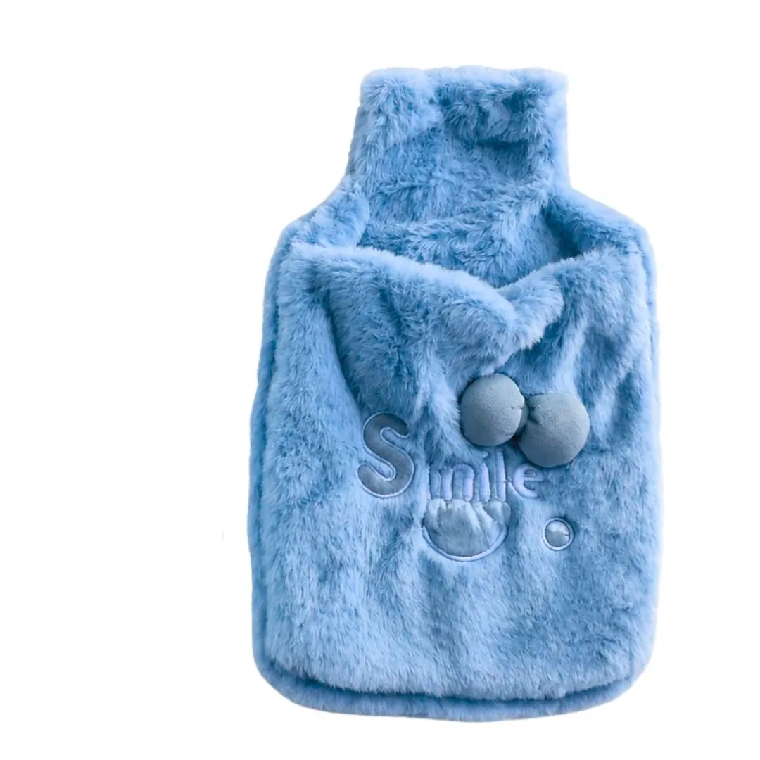 Fluffy hot water bottle cover with Built-in hand warmer pocket(cover only) - Blue