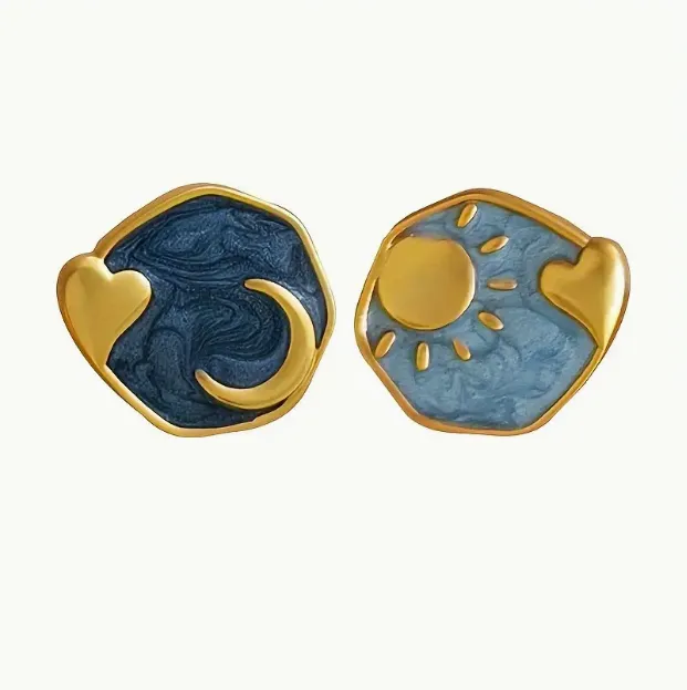 Women's Elegant Blue Asymmetrical Star & Moon Geometric Earrings