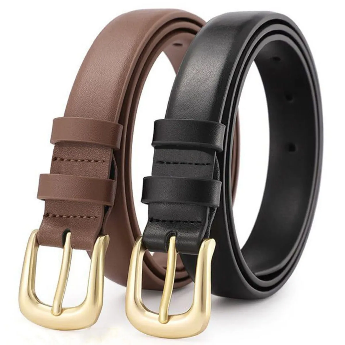 2 Pieces PU Leather Belts, Brown Black Belt for Women and Man
