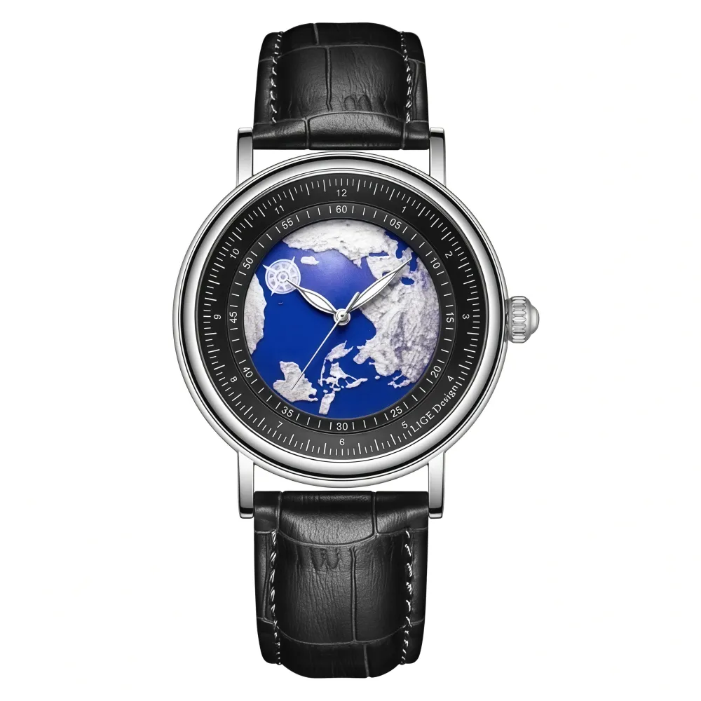 Men's Quartz Watch Leather Strap Waterproof Luminous 40MM - Black, Silver