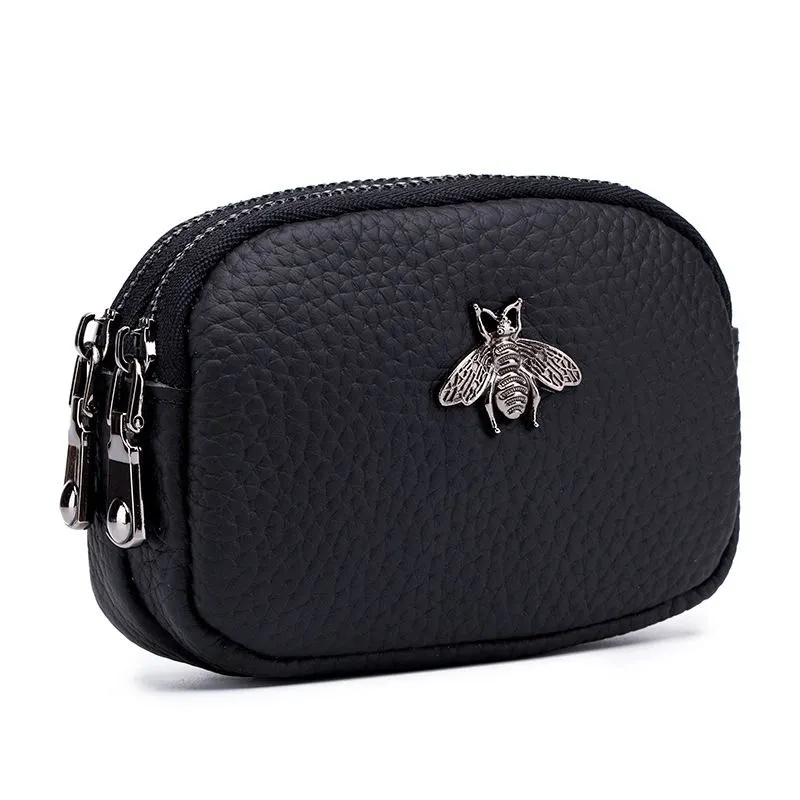Women Storage Bag Small Wallets Coin Purse Genuine Leather Double Zipper - Black