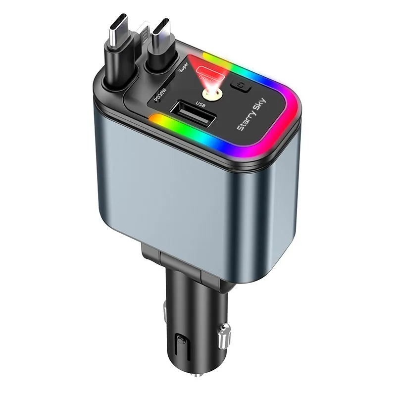 Car Charger, Fast Charging, Retractable Cable, With Ambient Lighting.