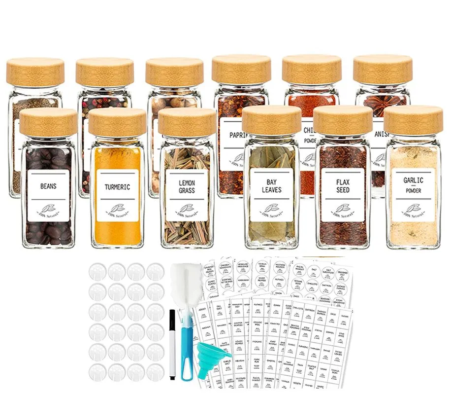 12 Piece Spice Jar Containers Set with Spice Labels Shaker Lids Pen Funnel.