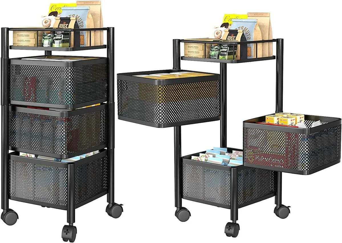 Rotating Storage Rack Kitchen Shelf Fruit Storage Basket Cart with Wheels - Black