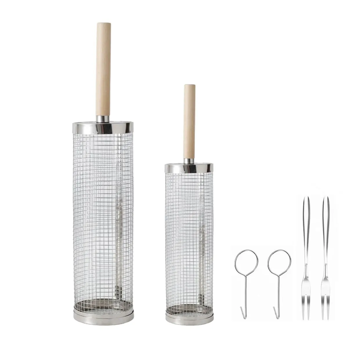 2 Piece Rolling Steel BBQ Basket Detachable Wooden Handle Grill Cage