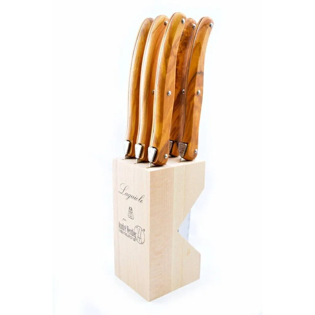 Andre Verdier Laguiole 6-Piece Steak Knife Set with Wooden Stand-Olive Wood