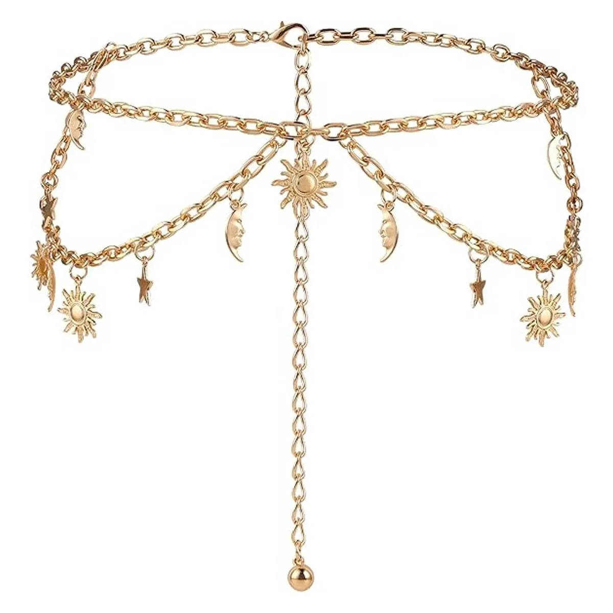 Double Layer Women Metal Chain Belt, Adjustable Waist Decorated Metal Belt