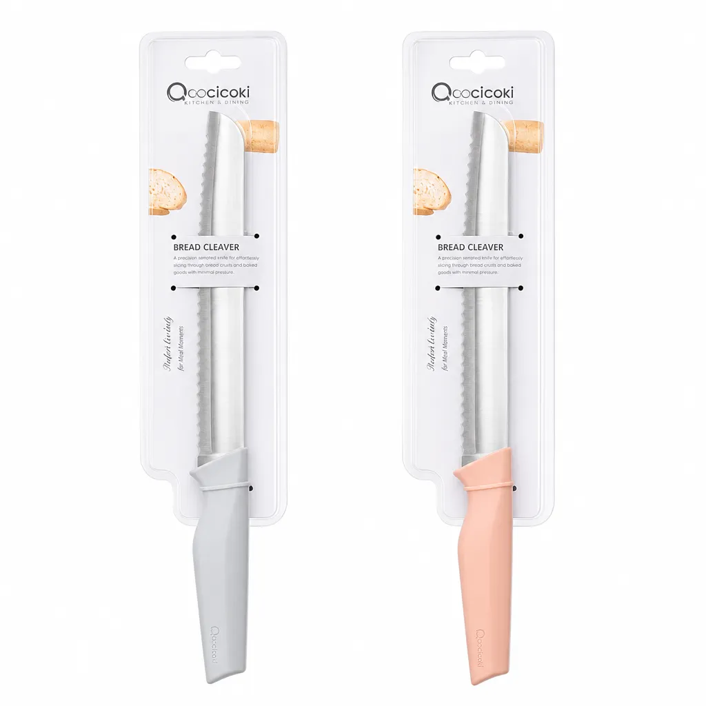 Grey & Pink Serrated Bread Knife & Cleaver with Ergonomic Handle