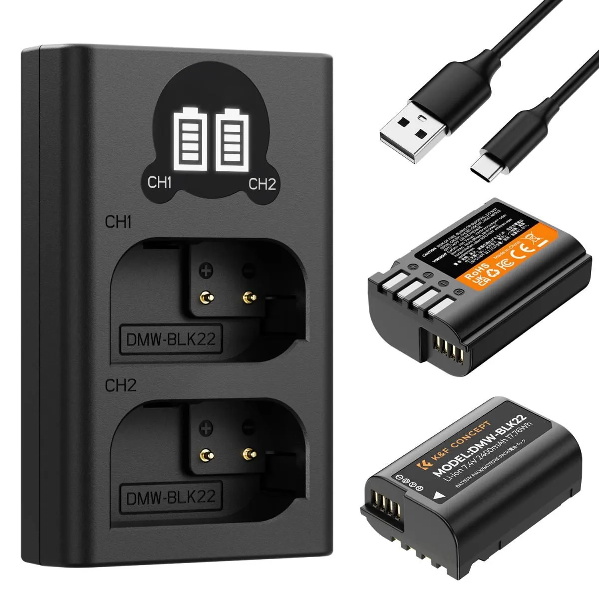 K&F Concept 2 Pack DMW-BLK22 Batteries & Charger Compatible with Panasonic