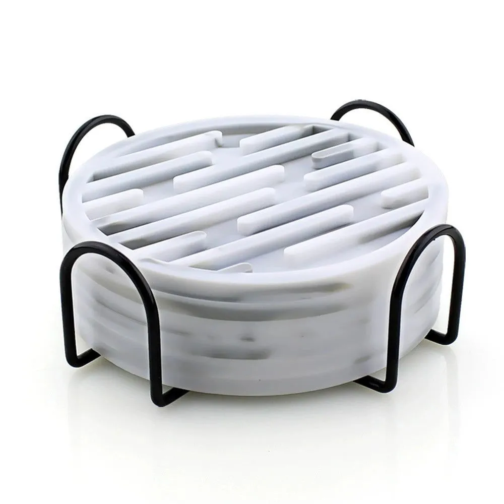 Set of 6 Heat Resistant Silicone Coasters with Holder - Marble