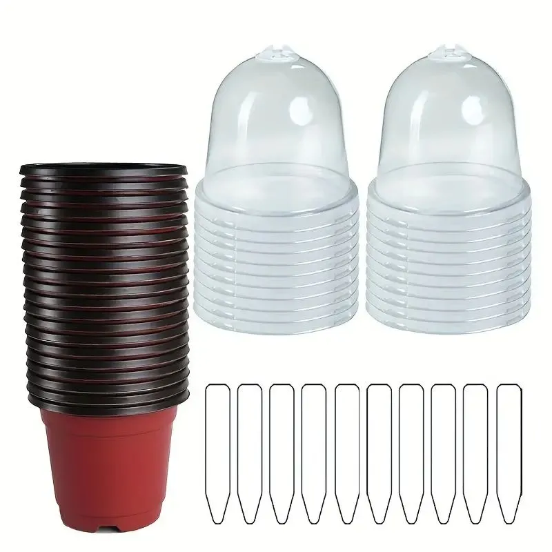 20 Piece Plant Propagation Domes with Pots & Plant Labels - Dark Red/Burgandy