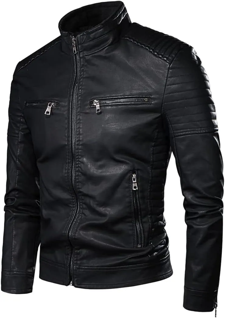 Imitation Leather Jackets For Men -Spring Fall Biker's Jacket - Black