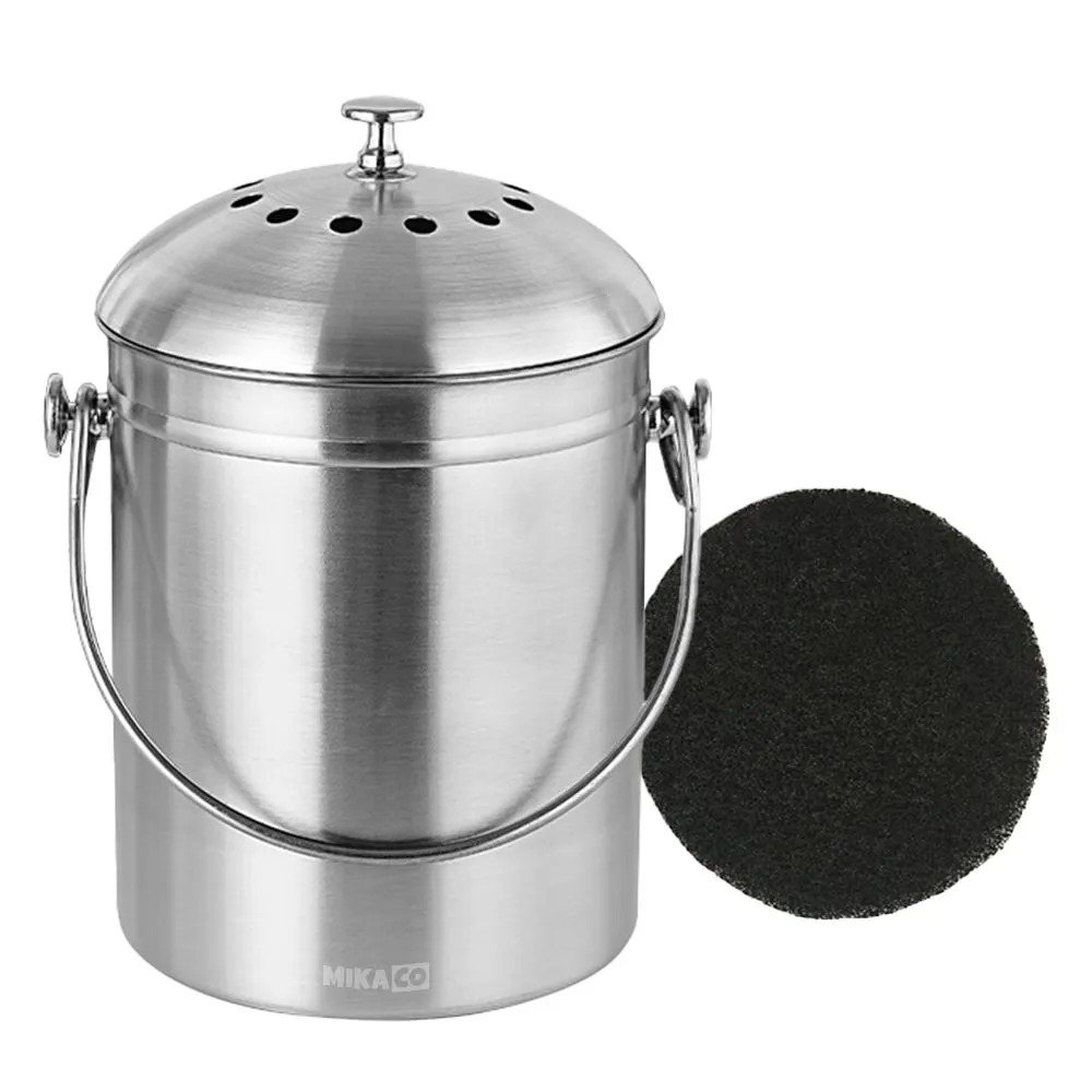 MIkaco Stainless Steel Compost Bin with Handle-2 Activated Charcoal Filter Pad