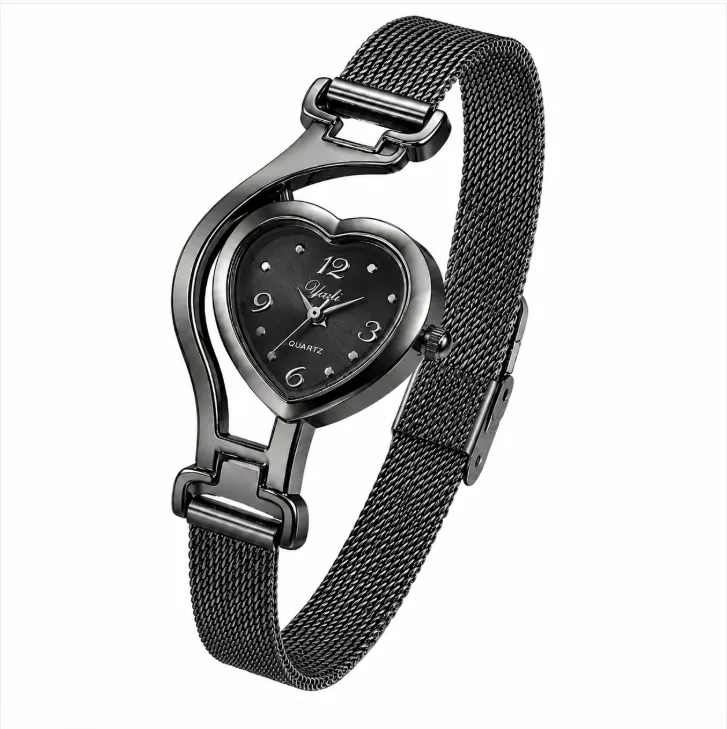 Girls Heart Shape Quartz Watch Stainless Steel Bracelet - Black
