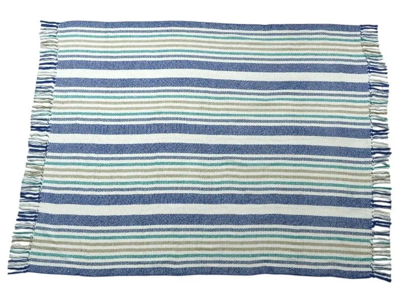 Home Styling Cotton Striped Rectangular Throw 150x125cm - Blue