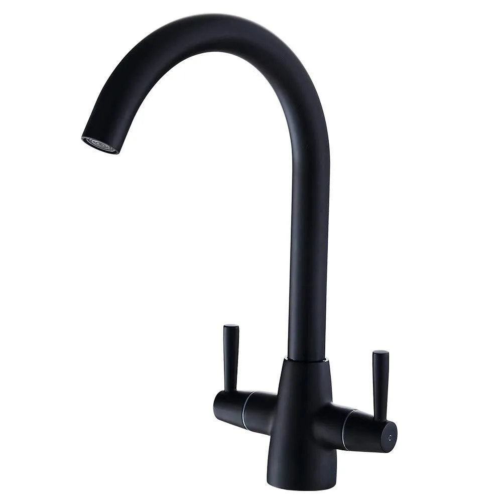 Kitchen Mixer Tap Dual Lever Swivel Spout Sink Taps - Black