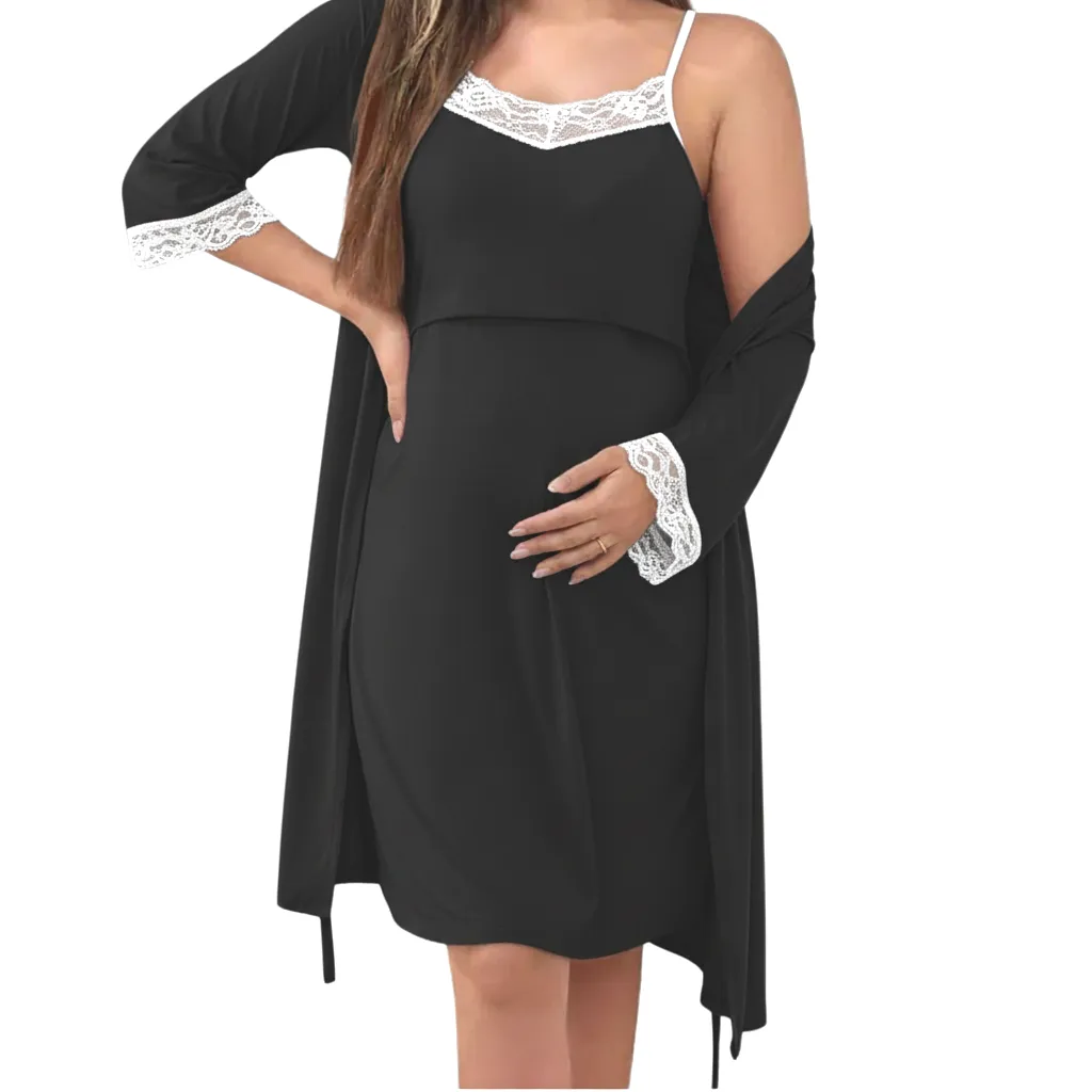 Maternity Breastfeeding Nightdress and Gown Set Black