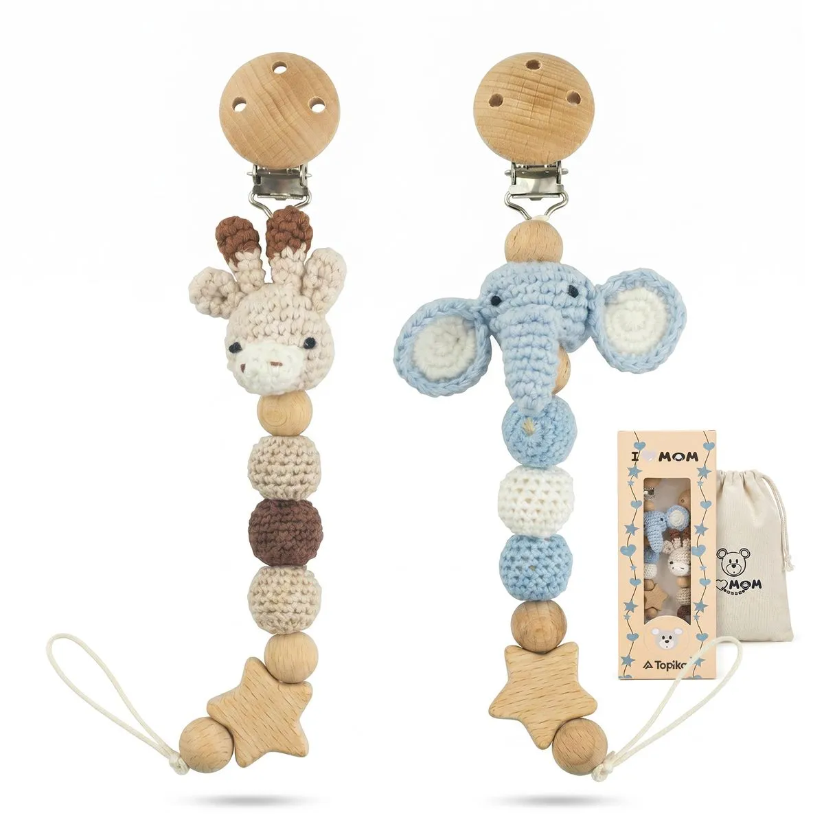 Topika Baby Dummy Clips, Deer & Elephant Handmade Dummy Holder Straps 2pack