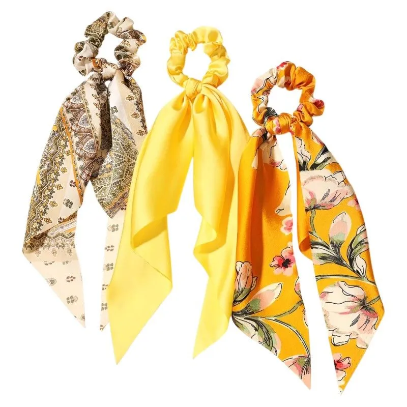 Printed Fabric Yellow Bow Scrunchies - 3-Pack