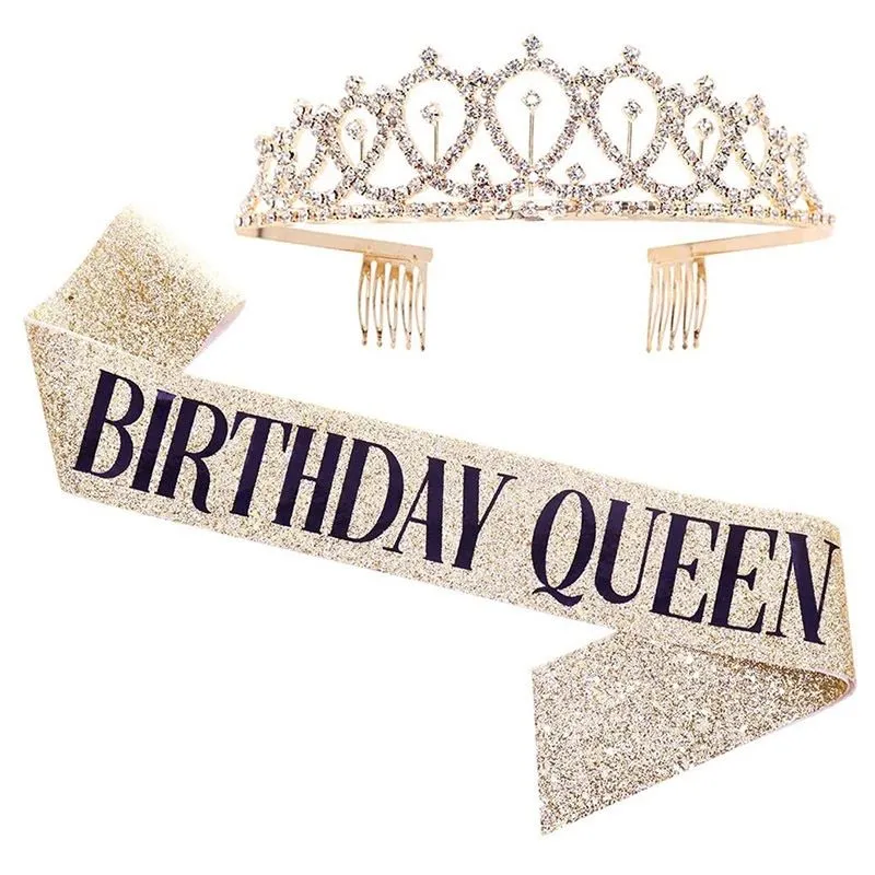Birthday Queen Adult Sash and Crown Party Set - Gold
