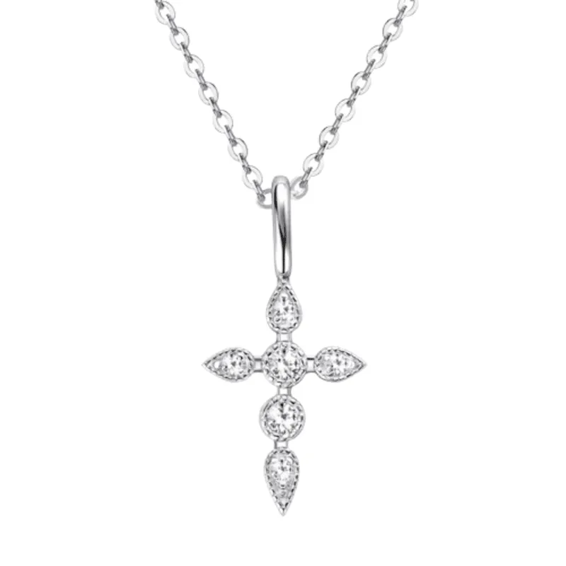 Moissanite Diamond Cross Necklace 925 SterlingSilver 14KWhite Gold Plated