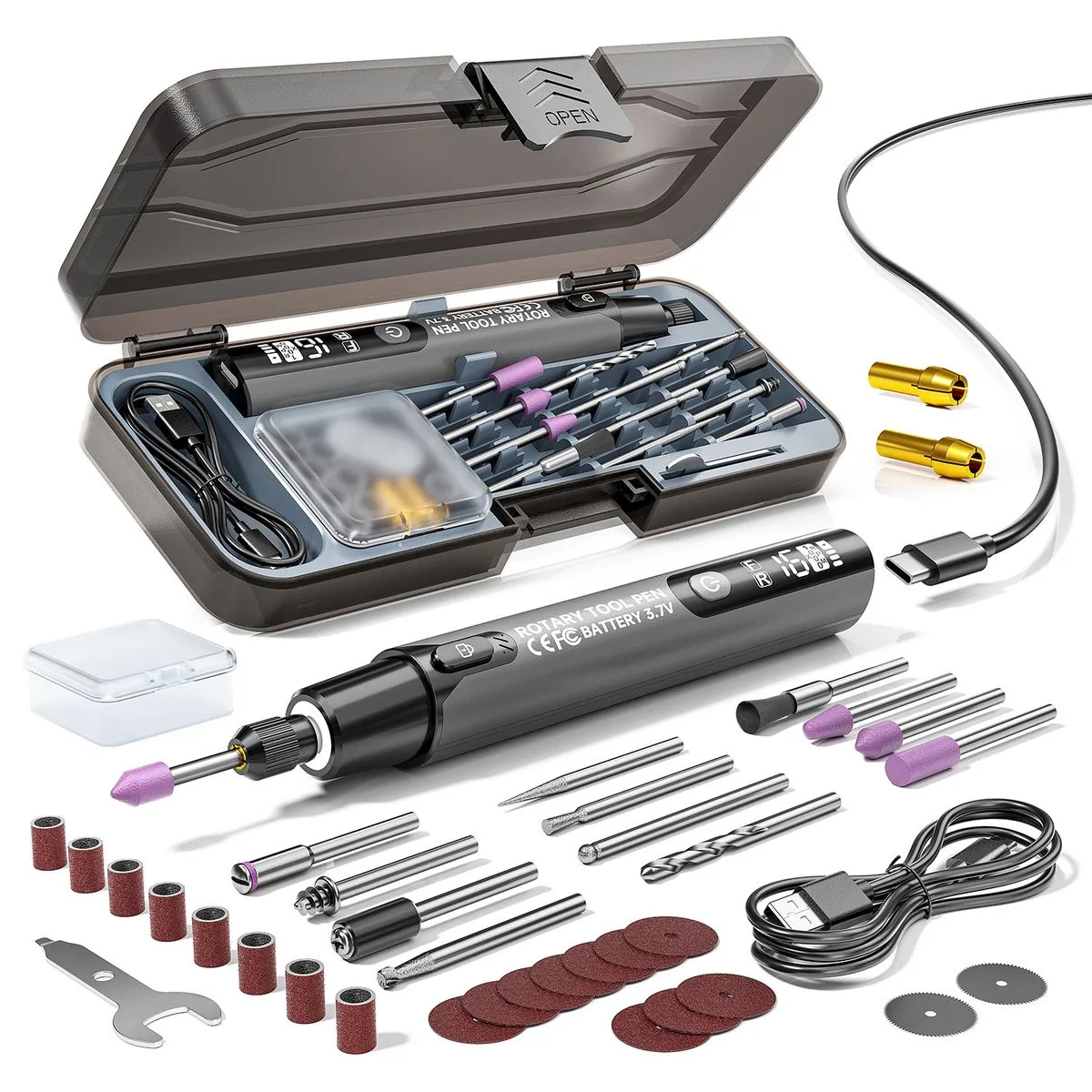 Electric Rotary Tool Kit with Digital Display LED - Mini Grinder Engraver - Grey